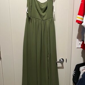 David's Bridal Strapless Olive Dress